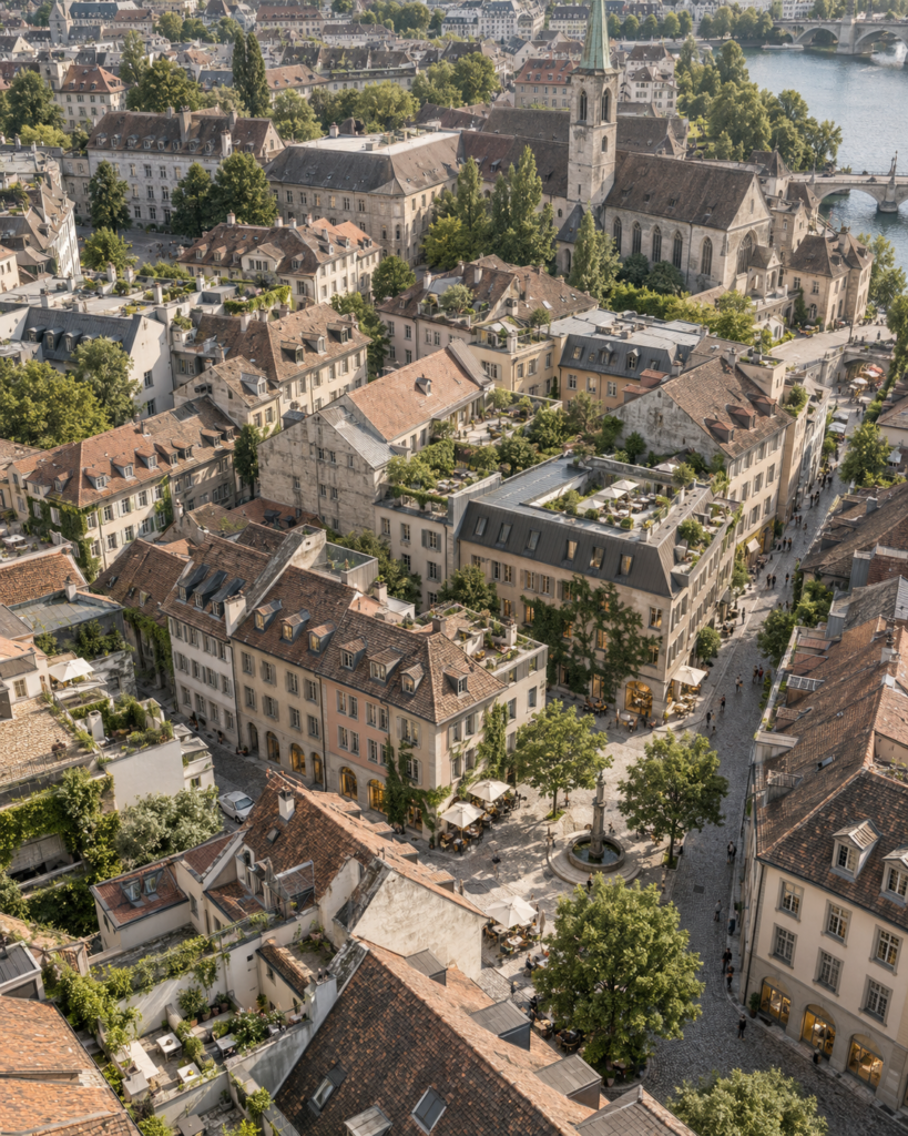 Historischer Stadtkern aus der Vogelperspektive mit weiterentwickeltem Quartier